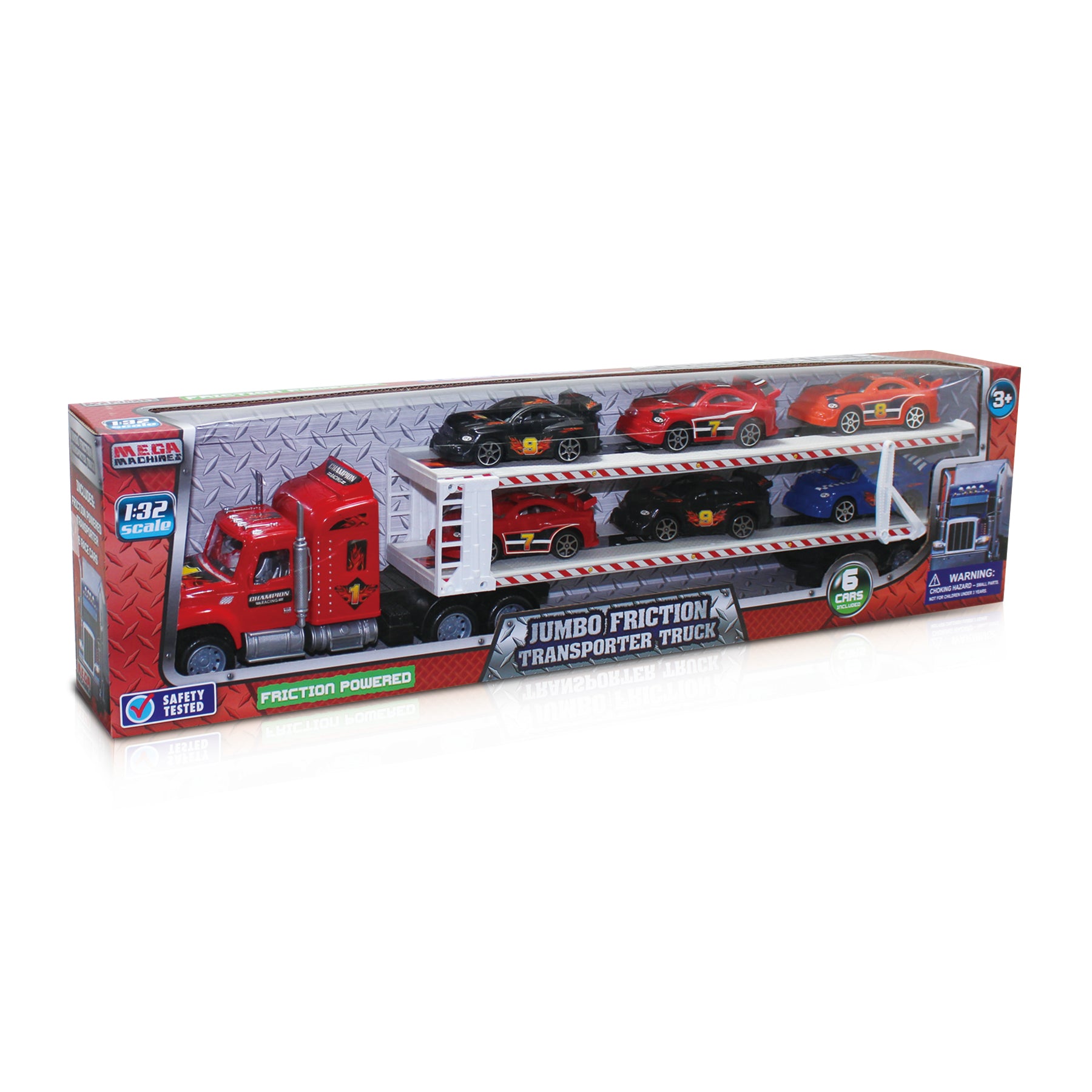 A packaged Mega Machines jumbo friction transporter truck carrying six toy race cars.